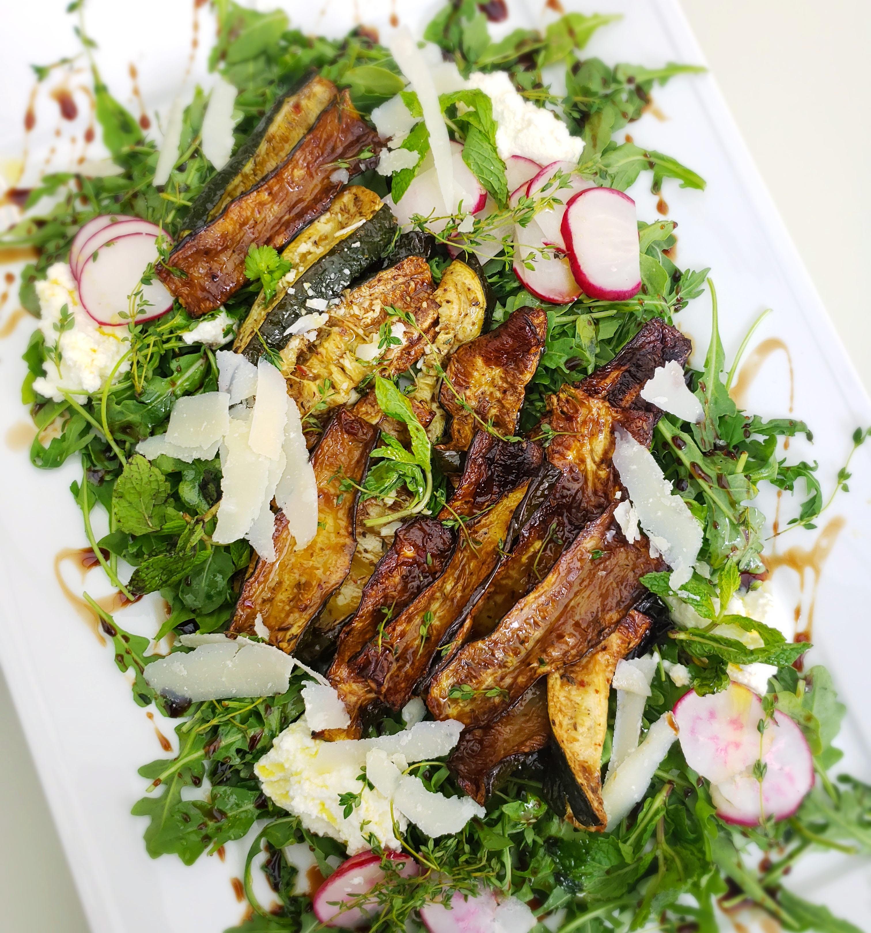 Roasted Zucchini Salad with Parmesan and Balsamic Greens